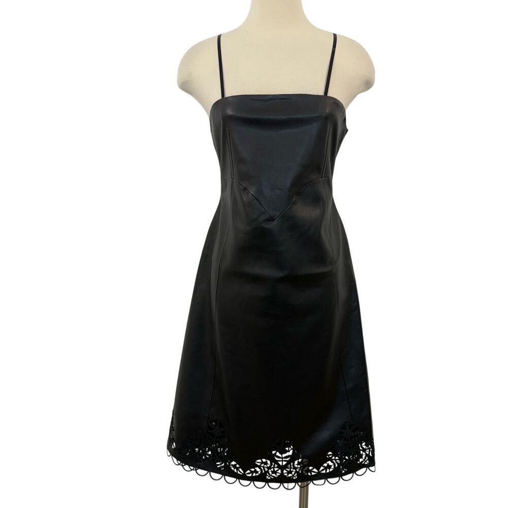 Ollari Emily Leather Midi Dress in Laser Cut and Embroidered Black L NWT